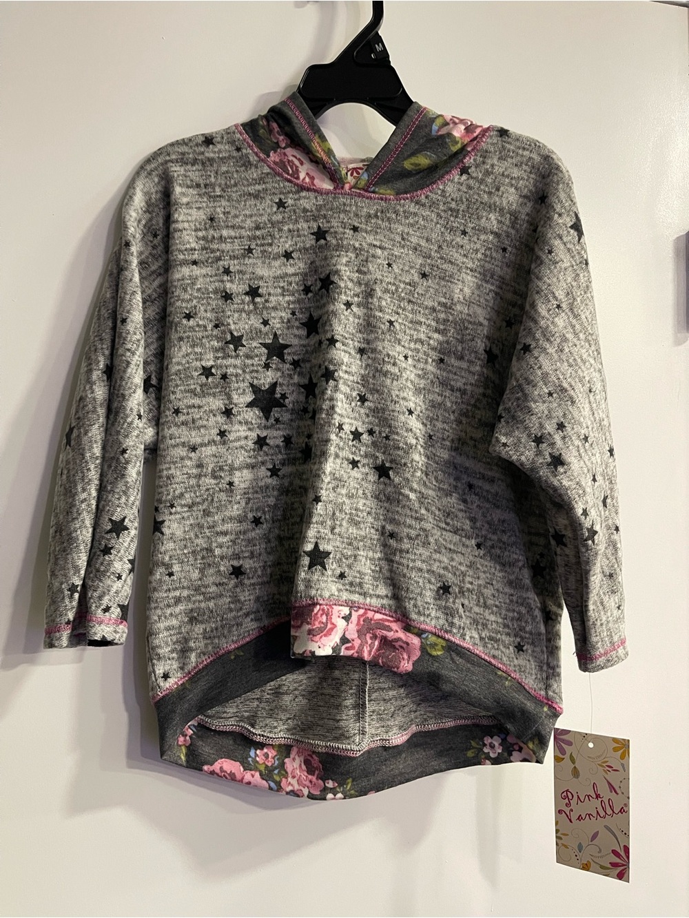 Pink Vanilla New Girls' Gray Star Print Hooded Sweater with Pink Floral Trim